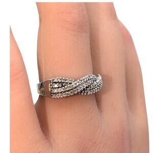 925 Sterling Silver Diamond Cross Over Band Ring Size 6.75